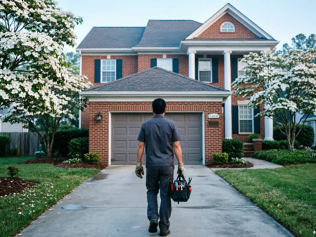 A technician walks toward a brick house with a gray garage door.