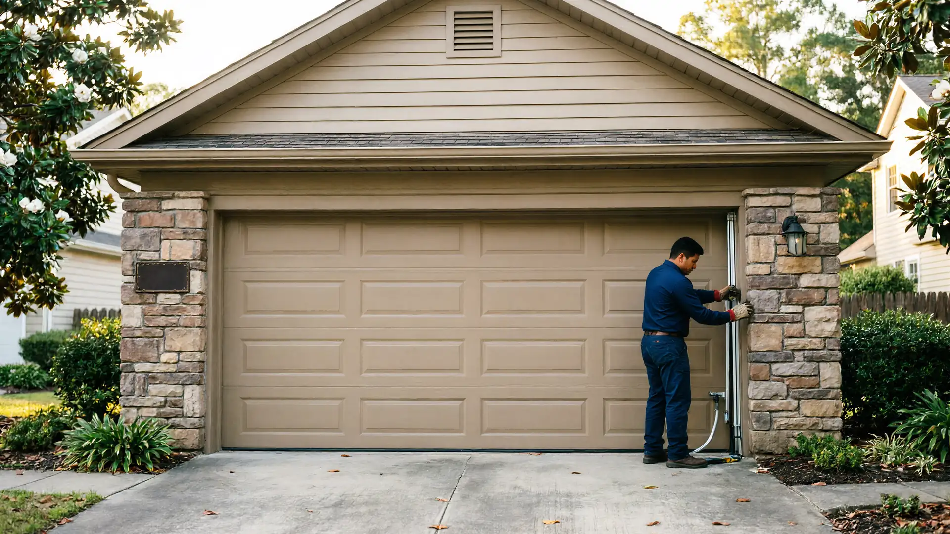 A technician in a blue shirt is working on a tan garage door.