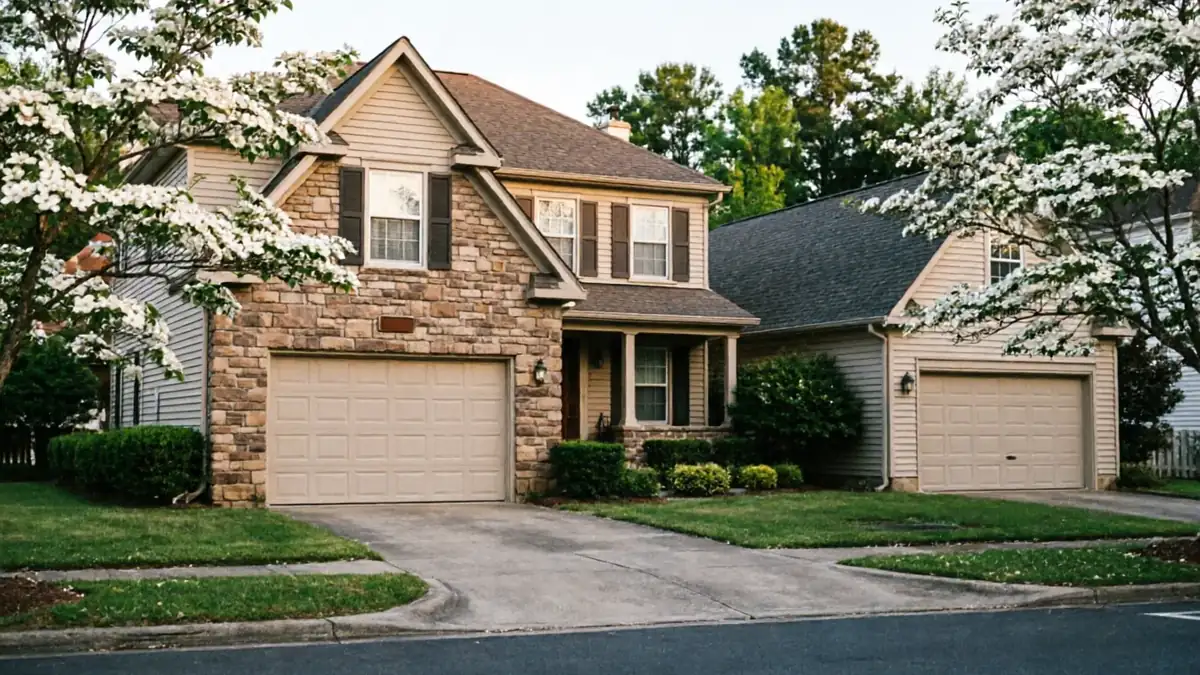 Two houses with beige garage doors and blooming trees in front.