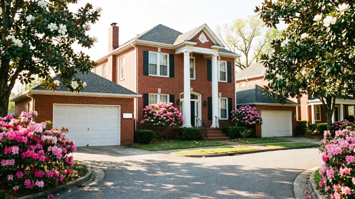 A large brick house with two white garage doors and pink flowering bushes.