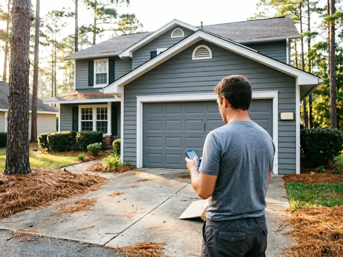A man stands in a driveway looking at his phone in front of a house.